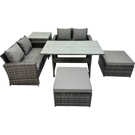 Fimous 6 Seater Wicker PE Rattan Furniture Outdoor Dining Table Double Seat Sofa Side Table 2 Big Stools Set Dark Grey Mixed