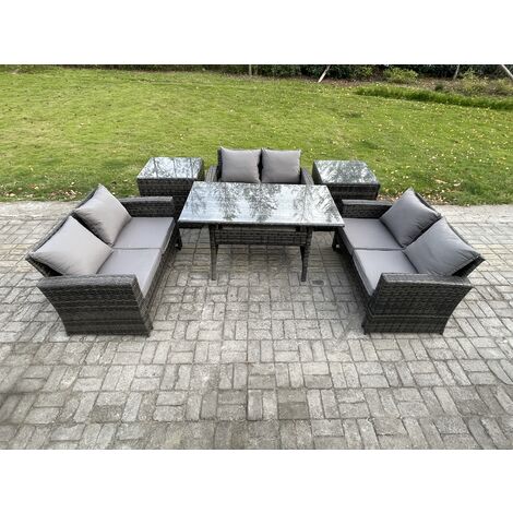 Fimous 6 Seater Wicker PE Rattan Garden Furniture Sets Outdoor Lounge Sofa Set with Oblong Dining Table Double Seat Sofa 2 Side Tables Dark Grey Mixed