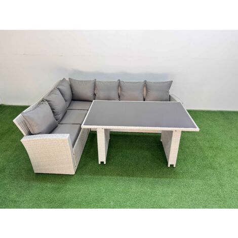 Fimous 6 Seater Wicker Rattan Corner Sofa Sets Outdoor Garden Furniture Sets with Rectangular Dining Table Lounge Sofa Light Grey