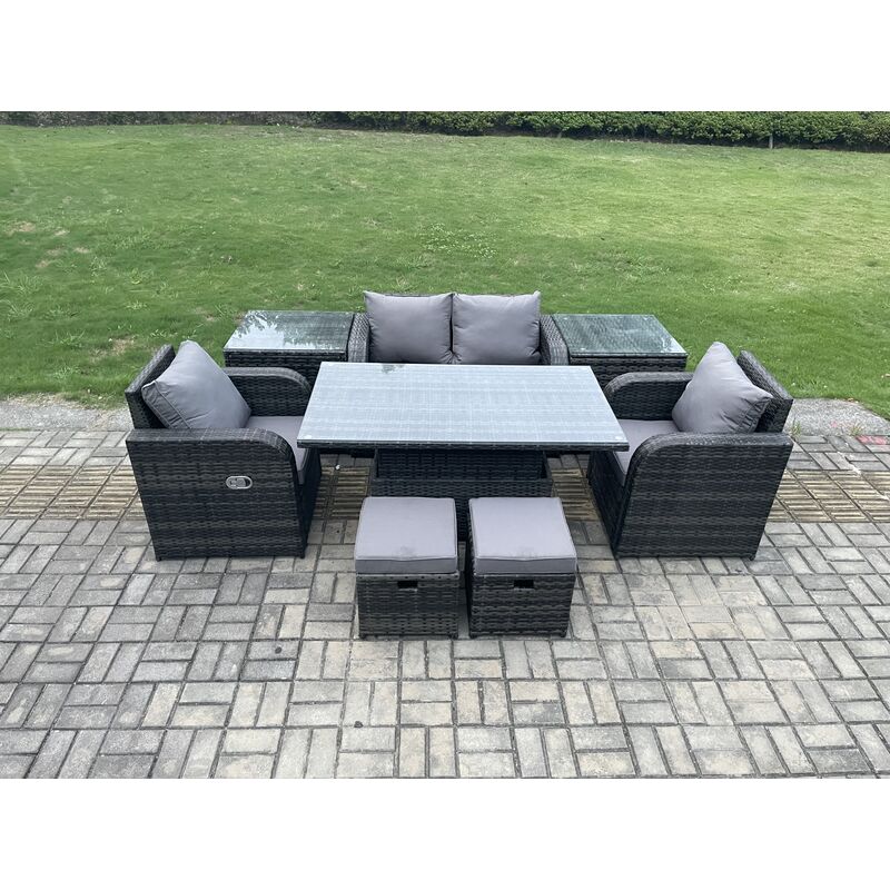 6 Sièges Rotin Mobilier D'extérieur Jardin Salle à Manger Ensemble Terrasse Hauteur Réglable Table Élévatrice Amour Canapé Chaise avec 2 Tabourets De