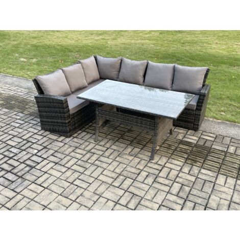 Fimous 6 Sitzer Garten Rattanmöbel Set Rechteckiger Esstisch Dunkelgrau gemischt