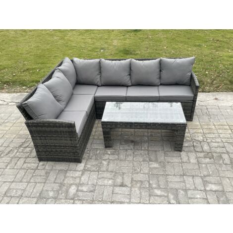 Fimous 6 Sitzer Outdoor Rattan Gartenmöbel-Set Ecksofa Länger Couchtisch Sets Dunkelgrau gemischt