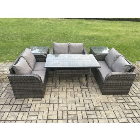 Fimous 6 Sitzer Outdoor Rattan Gartenmöbel-Set mit Terrassen Liebe Sofa Rechteckiger Esstisch 2 Beistelltischen Dunkelgrau gemischt