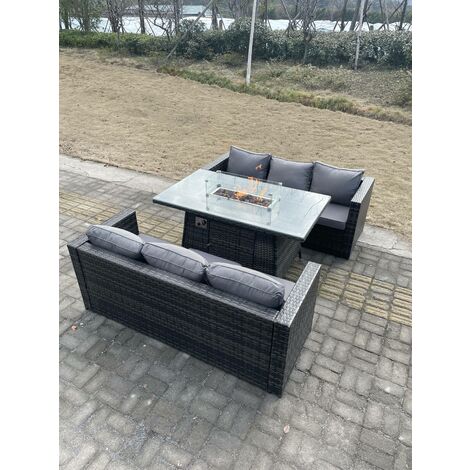 Fimous 6-Sitzer Outdoor Rattan Gartensofa Set Gartenmöbel Gas Feuerstelle Tisch Set Esstisch Fußhocker Dunkelgrau Gemischt