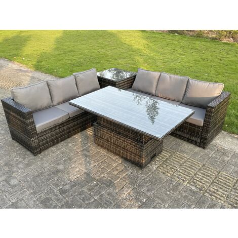 Fimous 6-Sitzer Polyrattan Ecksofa Set höhenverstellbarer Tisch Set Beistelltisch mit Sitz- und Rückenkissen