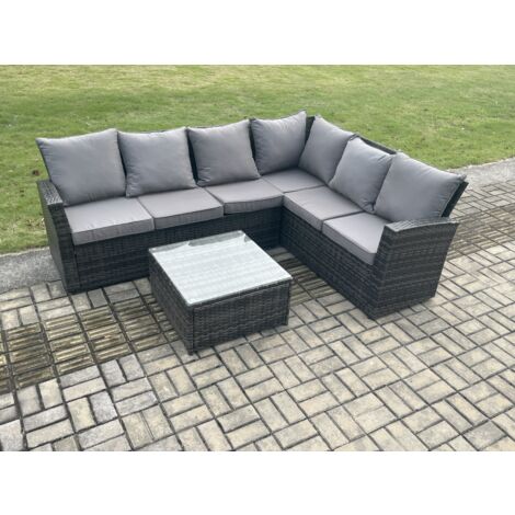 Fimous 6-Sitzer Polyrattan Gartenmöbel-Set Hochlehniges Rattan-Ecksofa Set mit Sessel Quadratischer Couchtisch