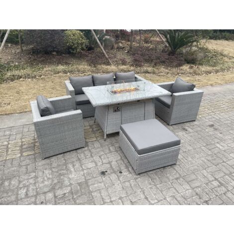 Fimous 6-Sitzer Polyrattan Gartenmöbel Set im Freien Gas Feuertisch Sofa Sets mit 2 Sessel Großer Hocker Helles Grau