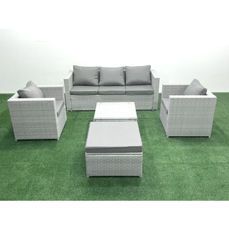 Fimous 6-Sitzer Polyrattan Gartenmöbel Set mit 3-Sitzer Sofa 2 Sesseln Quadratischer Couchtisch 2 Großer Hockern Hellgrau gemischt