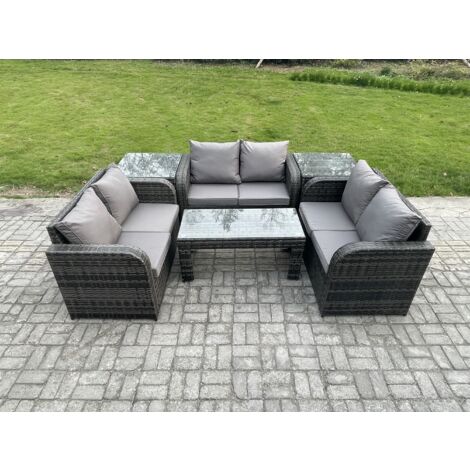 Fimous 6-Sitzer Polyrattan Gartenmöbel Set Patio Sofa Set mit Couchtisch Loveseat Sofa 2 Beistelltischen Dunkelgrau Gemischt