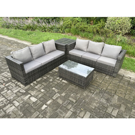 Fimous 6-Sitzer Rattan Gartenmöbel Set Outdoor Patio Sofa Set mit Länglichem Couchtisch Beistelltisch Dunkelgrau Gemischt