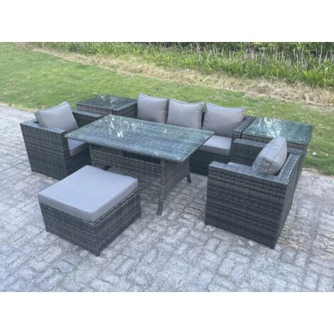 Fimous 6 Sitzer Rattan Gartenmöbel-Set Terrassen Outdoor Rechteckiger Esstisch Lounge Sofa Sessel mit 2 Beistelltisch Hocker Dunkelgrau gemischt