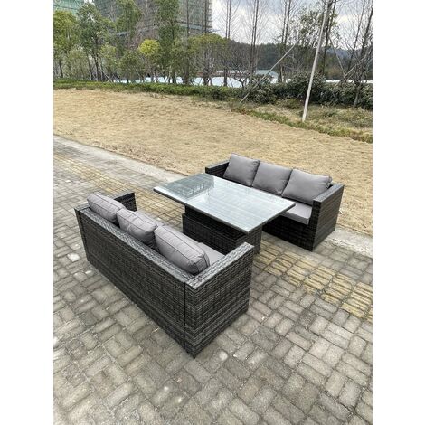 Fimous 6-Sitzer Rattan Lounge Sofa Set Gartenmöbel Einstellbarer Aufsteigender Esstisch Dunkelgrau Gemischt