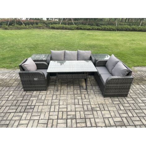 Fimous 6 Teil Ensemble de meubles de jardin en rotin  avec Canapé Table à manger rectangulaire 2 Tables d'appoint Set