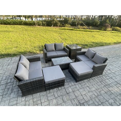 Fimous 7 pc Rattan Sofa Garden Furniture Outdoor Patio Set with Side Tables 2 Big Footstool Love Seat Sofa Dark Grey Mixed
