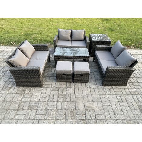 Fimous 7 PCS Outdoor Lounge Sofa Set Wicker PE Rattan Garden Furniture Set with Coffee Table Double Seater Sofa Side Table 2 Small Footstools Dark Grey Mixed