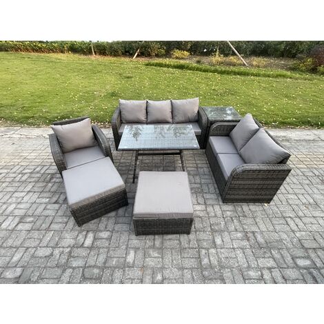 Fimous 7 PCS Outdoor Lounge Sofa Set Wicker PE Rattan Garden Furniture Set with Rectangular Dining Table Armchair 2 Big Footstool Side Table Dark Grey Mixed