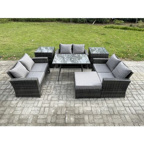 Fimous 7 PCS Outdoor Lounge Sofa Set Wicker PE Rattan Garden Furniture Set with Rectangular Dining Table Love Seat Sofa 2 Side Tables Big Footstool Dark Grey Mixed