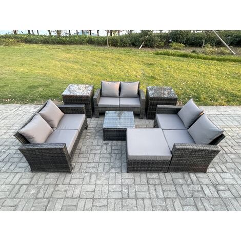 Fimous 7 PCS Outdoor Lounge Sofa Set Wicker PE Rattan Garden Furniture Set with Square Coffee Table Double Seat Sofa 2 Side Tables Big Footstool Dark Grey Mixed