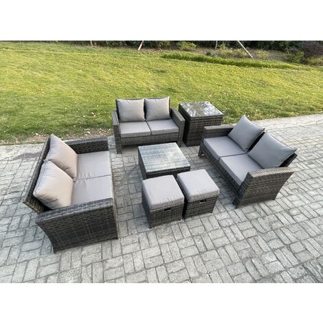 Fimous 7 PCS Outdoor Lounge Sofa Set Wicker PE Rattan Garden Furniture Set with Square Coffee Table Double Seat Sofa Side Table 2 Small Footstools Dark Grey Mixed