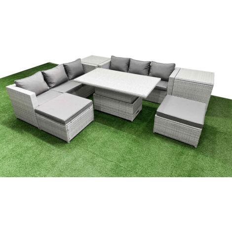 Fimous 7 PCs Rising Dining Table Set Rattan Furniture Set with 3 Seater Sofa 2 Big Footstools 2 Side Tables Light Grey
