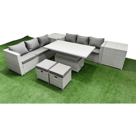 Fimous 7 PCs Rising Dining Table Set Rattan Furniture Set with 3 Seater Sofa 2 Small Footstools 2 Side Table Light Grey