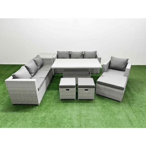 Fimous 7 PCs Rising Dining Table Set Rattan Furniture Set with 3 Seater Sofa Chair 3 Footstools Side Table Light Grey