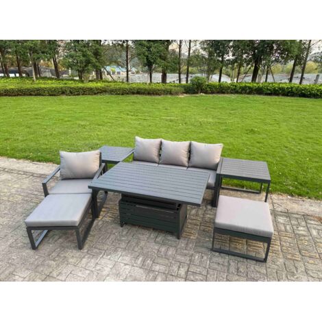Fimous 7-Piece Aluminium Garden Furniture Sets 6 Seater Outdoor Conversational Dining Set with Adjustable Rising Lifting Dining Table 2 Side Table