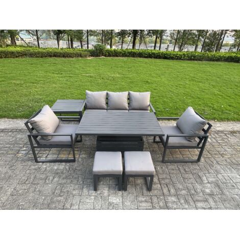 Fimous 7-Piece Aluminium Garden Furniture Sets 7 Seater Outdoor Sofa Set with Adjustable Rising Lifting Dining Table 2 Chairs 2 Small Footstools Side Table