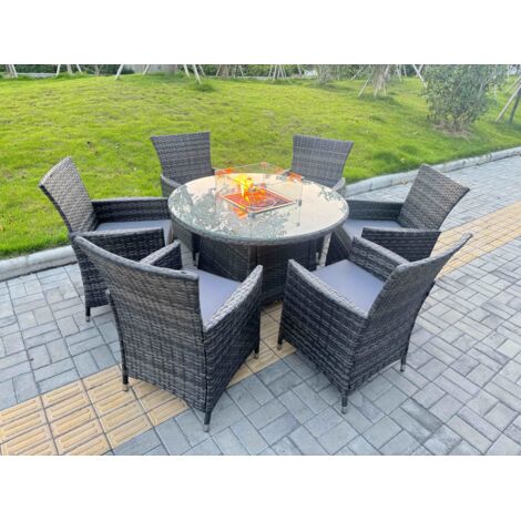 Fimous 7-Piece PE Rattan Garden Furniture with Big Round Gas Firepit Table and 6 Chairs for Patio Dark Grey Mixed