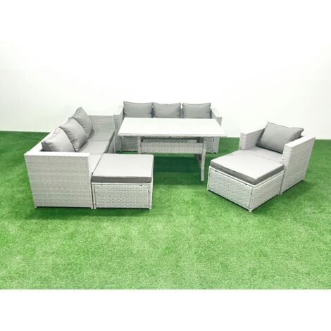 Fimous 7 Pièces Ensemble de canapés de jardin en rotin avec coussin avec Fauteuil Table à manger 2 Grands Tabourets