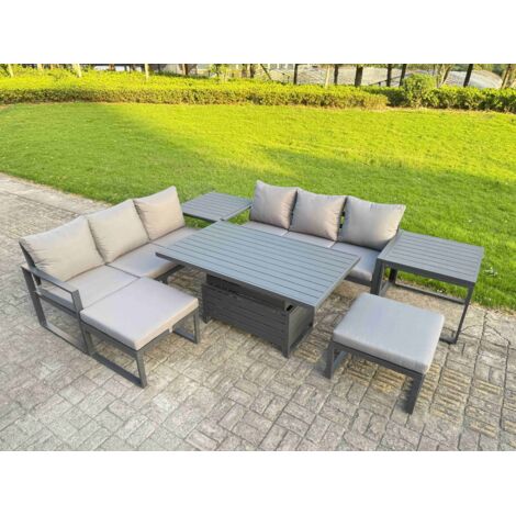 Fimous 7 Pieces Garden Furniture Set Aluminium Adjustable Rising Lifting Dining Table and Sofa Set with 2 Side Tables 2 Small Footstools Dark Grey