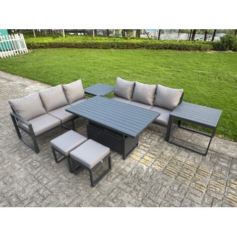 Fimous 7 Pieces Garden Furniture Set Aluminium Adjustable Rising Lifting Dining Table and Sofa Set with 2 Side Tables 2 Small Footstools Dark Grey