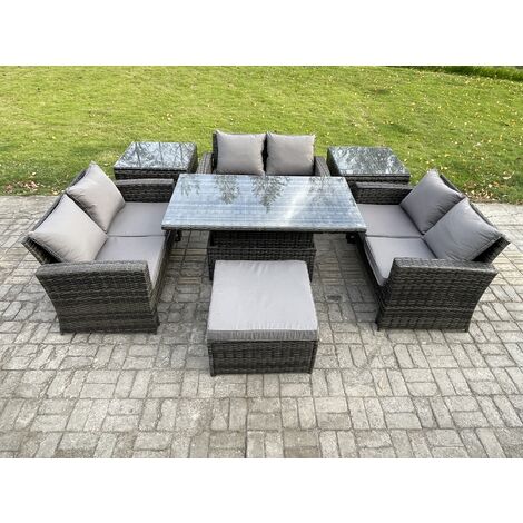 Fimous 7 pieces Outdoor Lounge Sofa Set Wicker PE Rattan Garden Furniture Set with Rising Lifting Table Double Seat Sofa 2 Side Tables Big Footstool Dark Grey Mixed