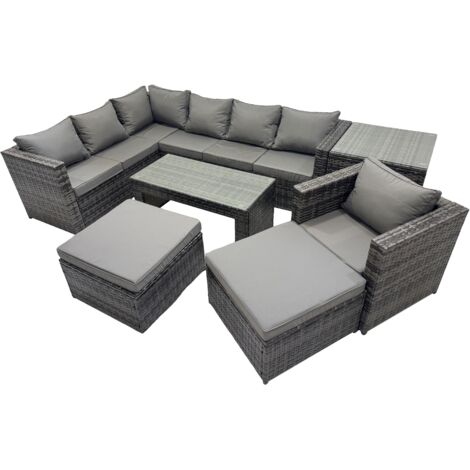Fimous 7 Pieces Outdoor PE Rattan Garden Furniture Corner Sofa Oblong Coffee Table Set with Cushions 2 Big Footstools Side Table Dark Grey Mixed