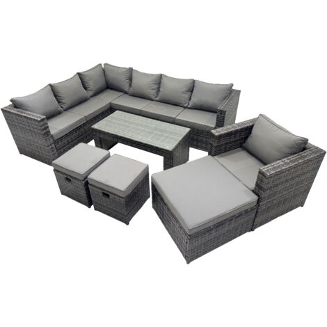 Fimous 7 Pieces Outdoor PE Rattan Garden Furniture Corner Sofa Oblong Coffee Table Set with Cushions 3 Footstools Dark Grey Mixed