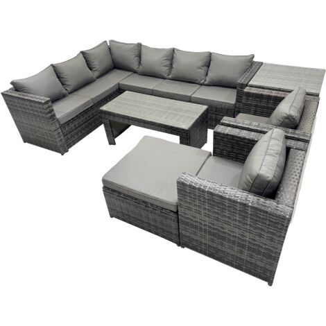 Fimous 7 Pieces Outdoor PE Rattan Garden Furniture Corner Sofa Oblong Coffee Table Set with Cushions Chair Big Footstool Side Table Dark Grey Mixed