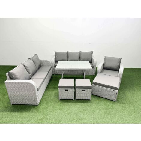 Fimous 7 Pieces Outdoor PE Rattan Garden Furniture with Cushions Reclining Chair 3 Stool Light Grey