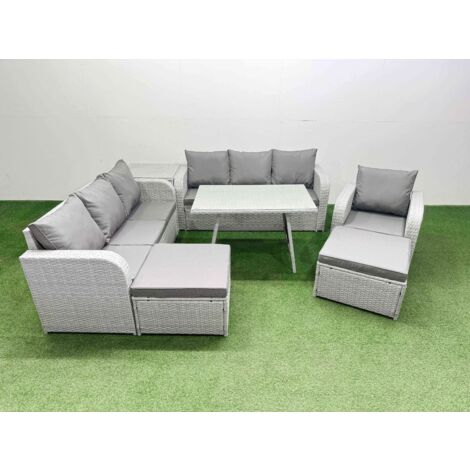 Fimous 7 Pieces Outdoor PE Rattan Garden Furniture with Cushions Reclining Chair Side Table 2 Big Stools Light Grey