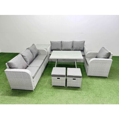 Fimous 7 Pieces Outdoor PE Rattan Garden Furniture with Cushions Reclining Chair Side Table 2 Small Stools Light Grey