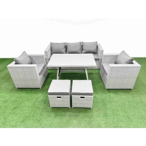Fimous 7 Pieces Outdoor PE Rattan Sofa Armchair Set Patio Garden Furniture Sets with Cushions 2 Small Stools Light Grey