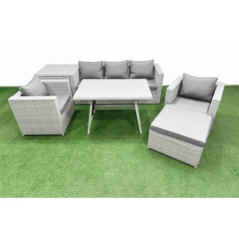 Fimous 7 Pieces Outdoor PE Rattan Sofa Armchair Set Patio Garden Furniture Sets with Cushions Side Table Big Stool Light Grey