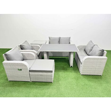Fimous 7 Pieces Outdoor PE Rattan Sofa Reclining Chair Set Patio Garden Furniture Sets with Cushions Side Table Big Stool Light Grey