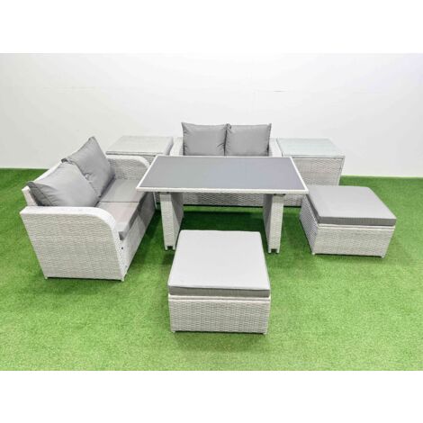 Fimous 7 Pieces Outdoor PE Rattan Sofa Set Patio Garden Furniture Sets with Cushions 2 Side Tables 2 Big Stools Light Grey