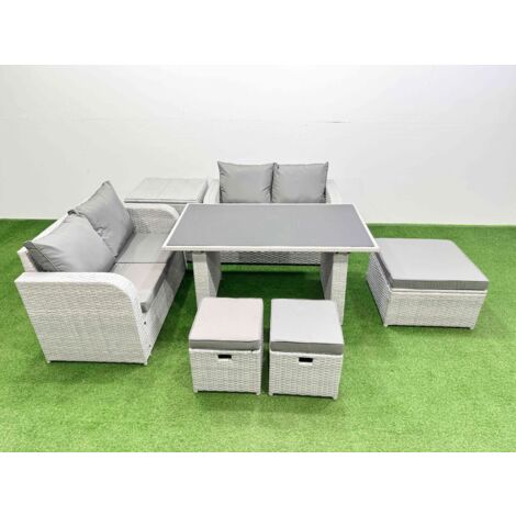 Fimous 7 Pieces Outdoor PE Rattan Sofa Set Patio Garden Furniture Sets with Cushions Side Table 3 Stools Light Grey