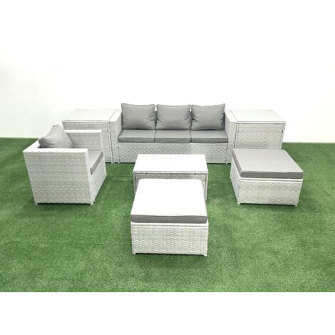 Fimous 7 Pieces Rattan Garden Furniture Set Outdoor Garden Sofa Chair Coffee Table Set with 2 Side Tables 2 Big Footstools Light Grey Mixed