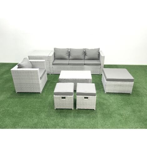 Fimous 7 Pieces Rattan Garden Furniture Set Outdoor Garden Sofa Chair Coffee Table Set with Side Table 3 Footstools Light Grey Mixed
