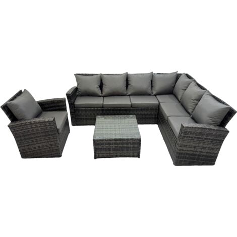 Fimous 7 places Dos haut Gris foncé mélangé rattan Canapé d'angle Fauteuil Table basse carrée  Bonne Option