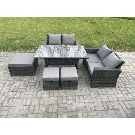 Fimous 7 places Dos haut Salon de jardin exterieur en resine Ensemble canapé et table à manger avec 3 Repose-pieds Gris foncé mélangé