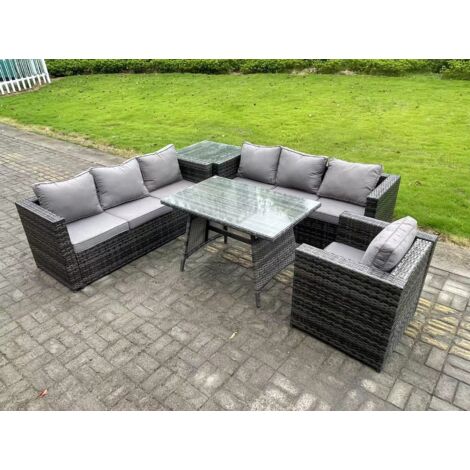 Fimous 7 places Ensemble de canapé en rotin extérieur avec Table à manger Table d'appoint Fauteuil Gris foncé mixte
