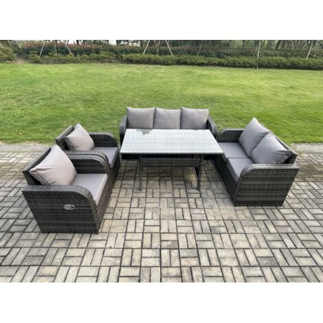 Fimous 7 places Ensemble de canapés de jardin en rotin Table à manger rectangulaire avec Fauteuil canapé deux places Gris foncé mélangé